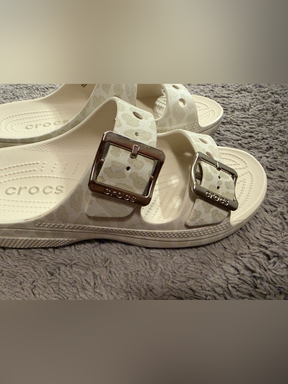 CROCS White Leopard-Print Double Buckle Sandals
